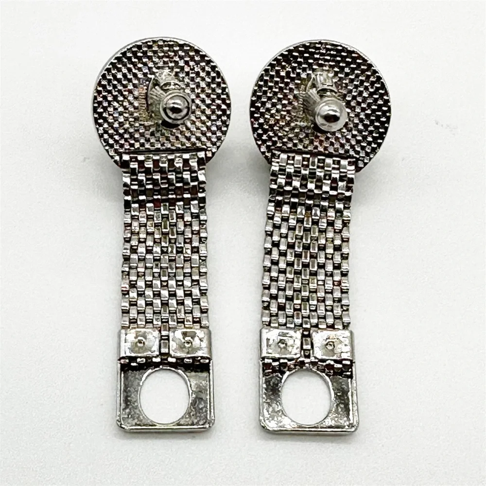 Vintage Mesh Brushed Silver Tone Red Jeweled Cufflinks